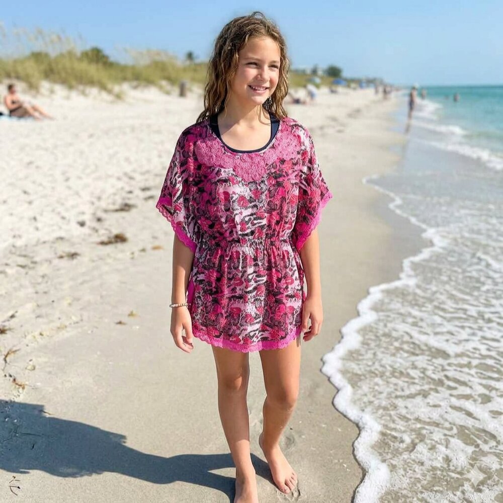 Pink Black Cheetah Beach Kaftan Swimsuit Coverup One Size